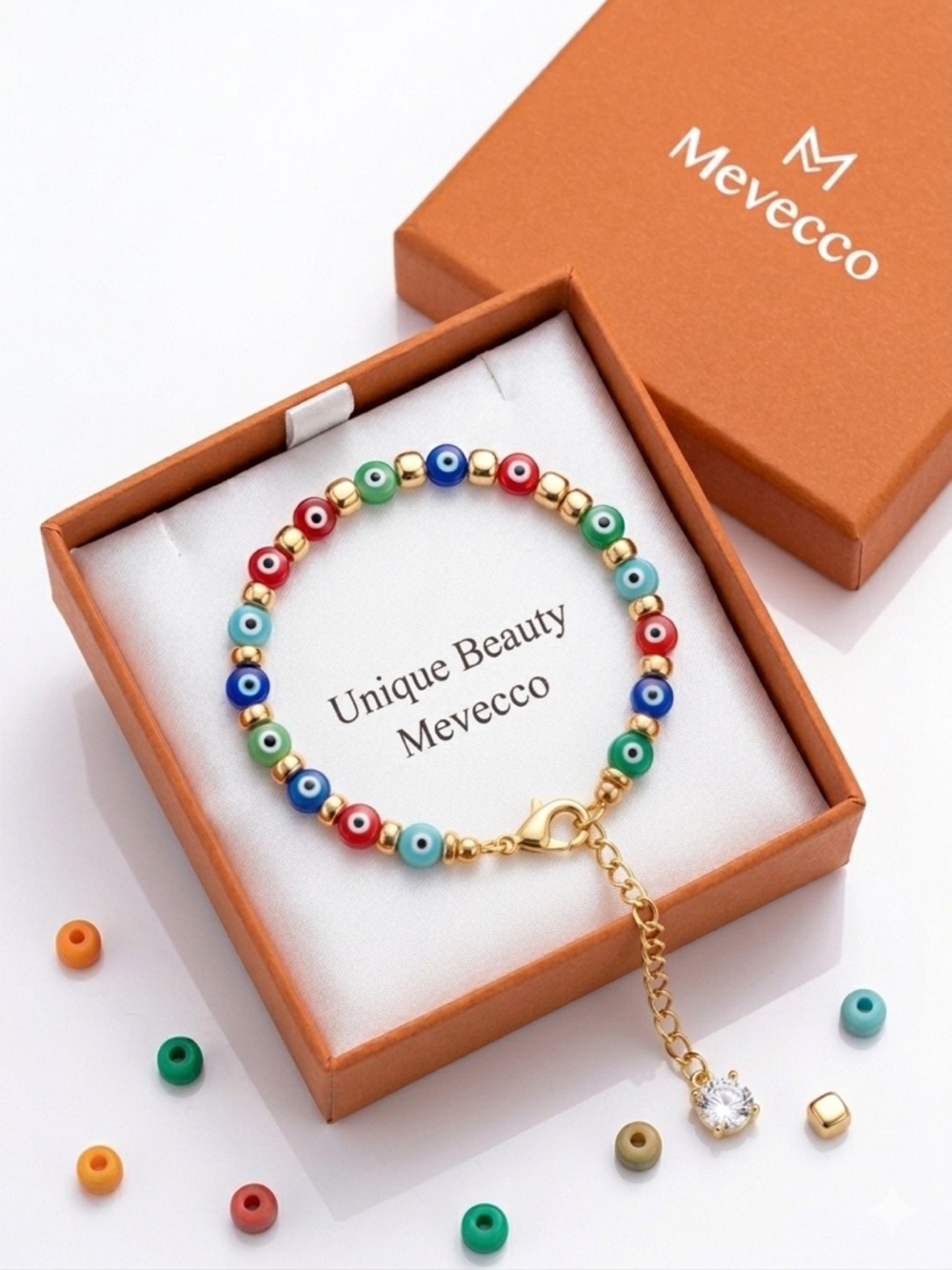 Mevecco Evil Eye Bead Bracelet Multicolor Gold Tone NIB Mother's Day Protection